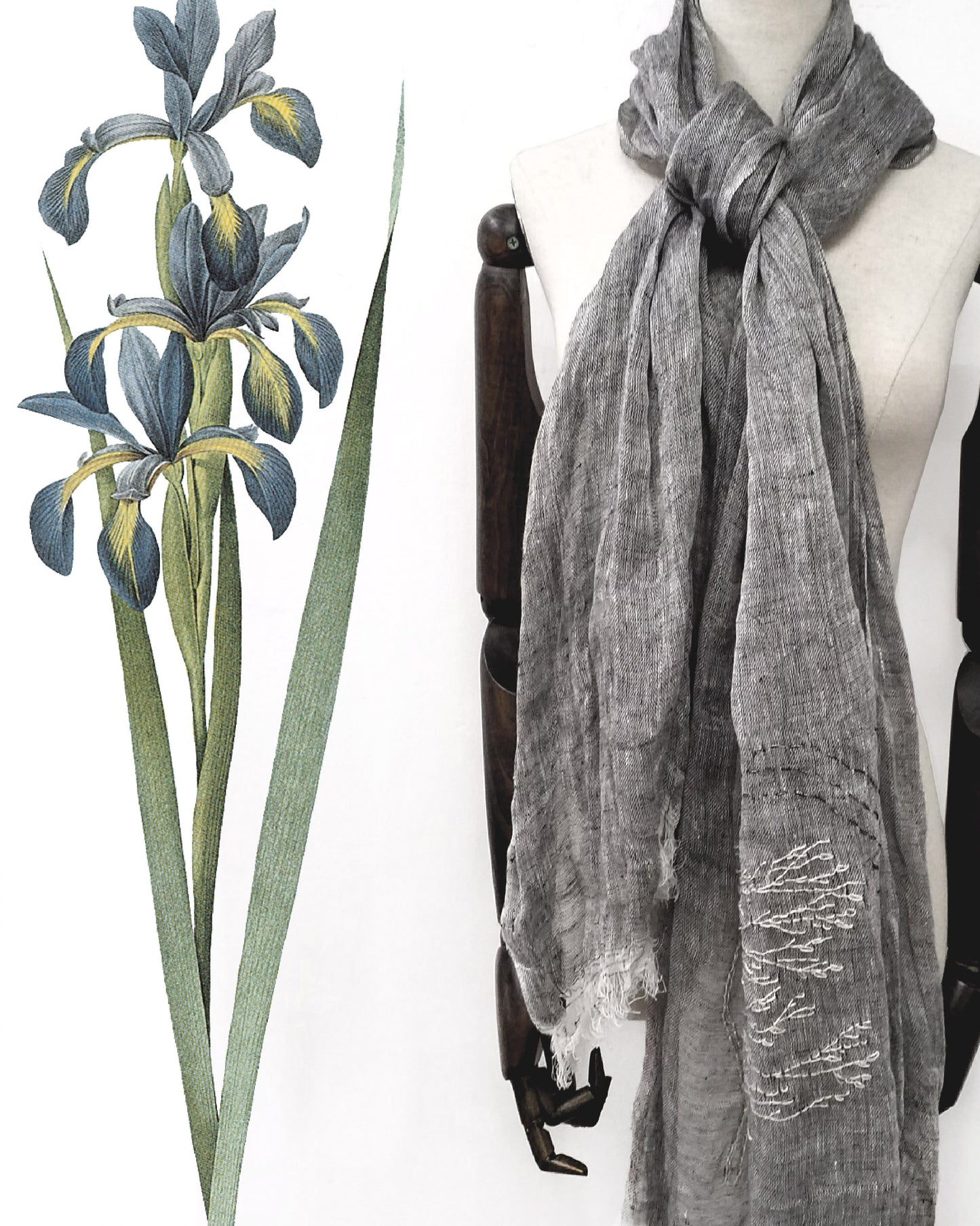 All seasons wearable art hand embroidery pure linen scarf - tree in wind