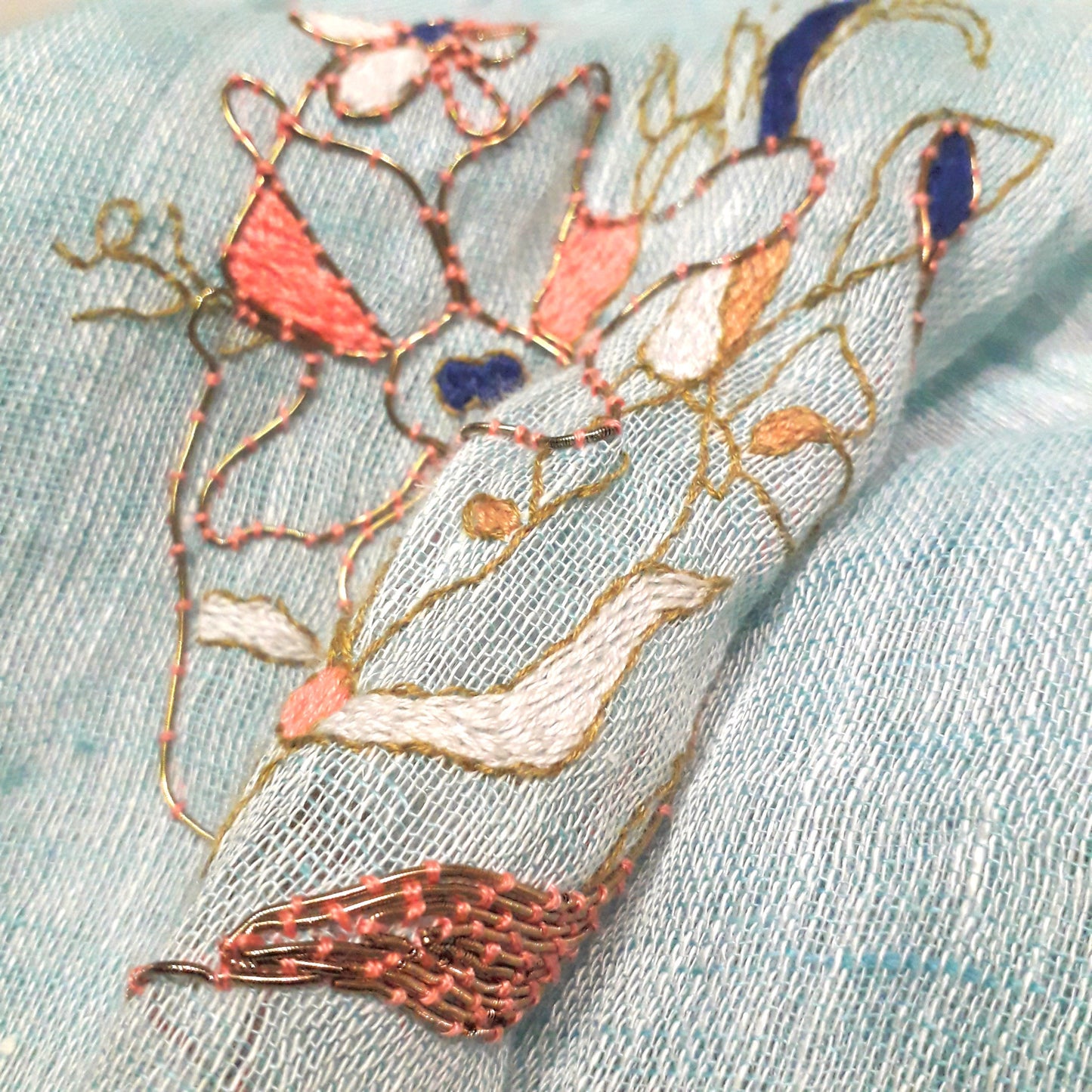 All seasons artistic hand embroidery pure linen scarf-  Lady in flowers