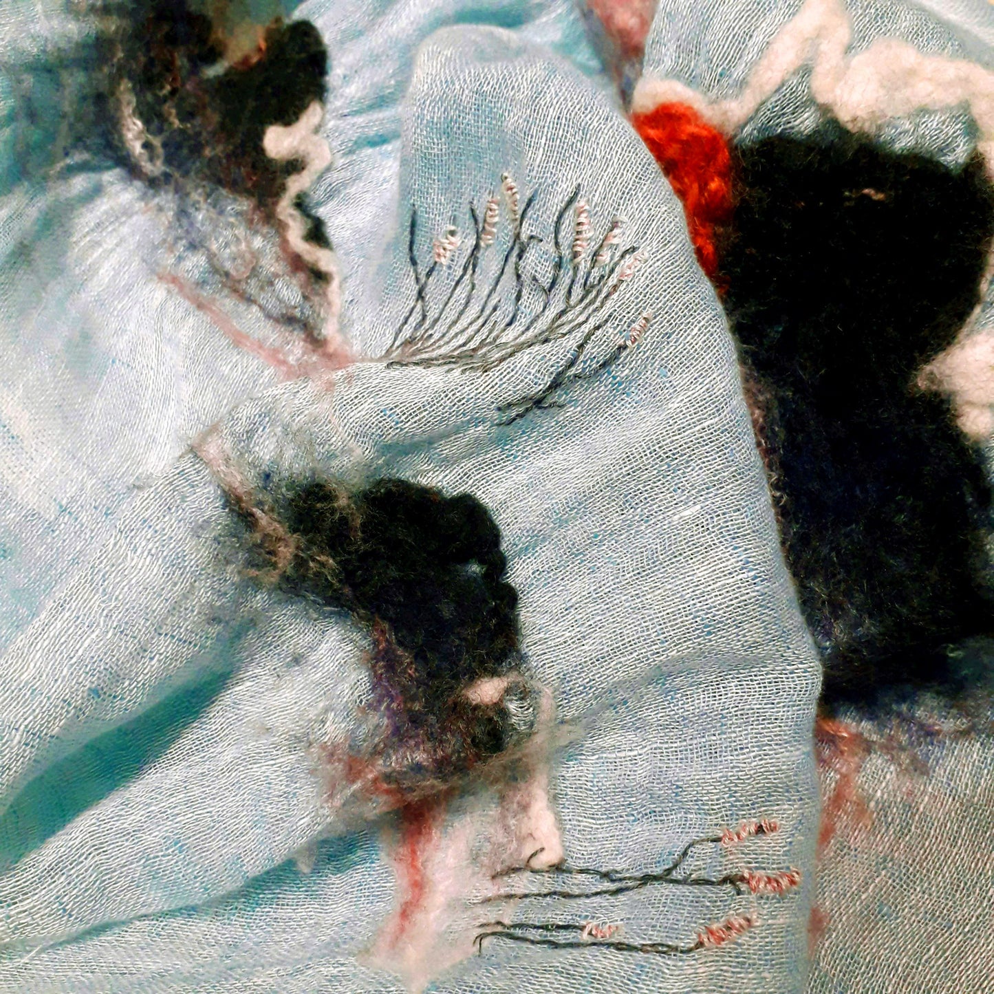 All seasons hand felting hand embroidery artistic pure linen 2 tone scarf