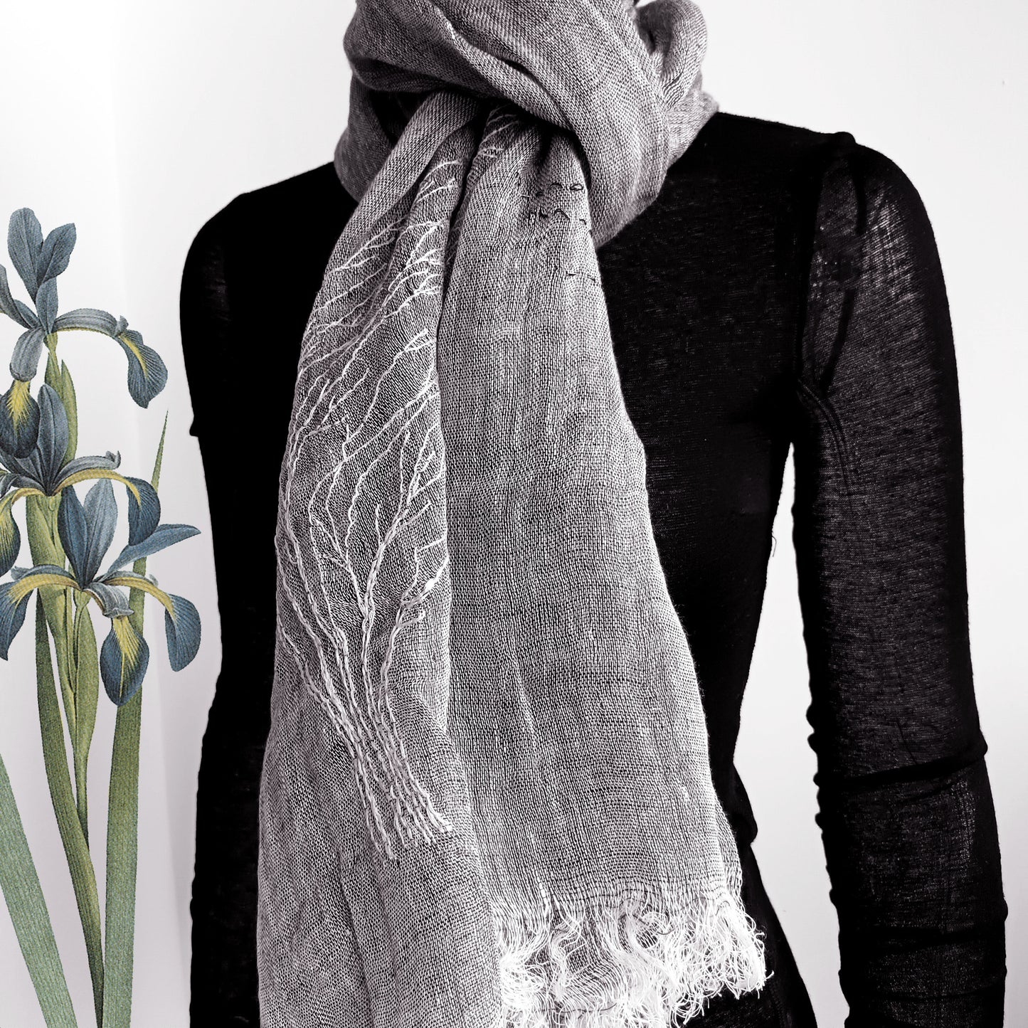 All seasons wearable art hand embroidery pure linen scarf - tree in wind