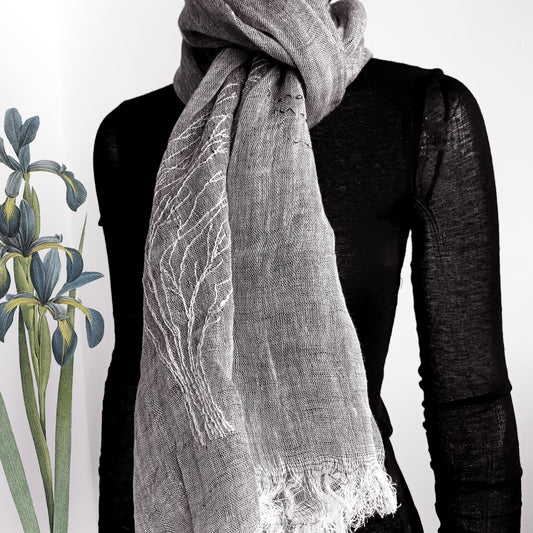 All seasons wearable art hand embroidery pure linen scarf - tree in wind