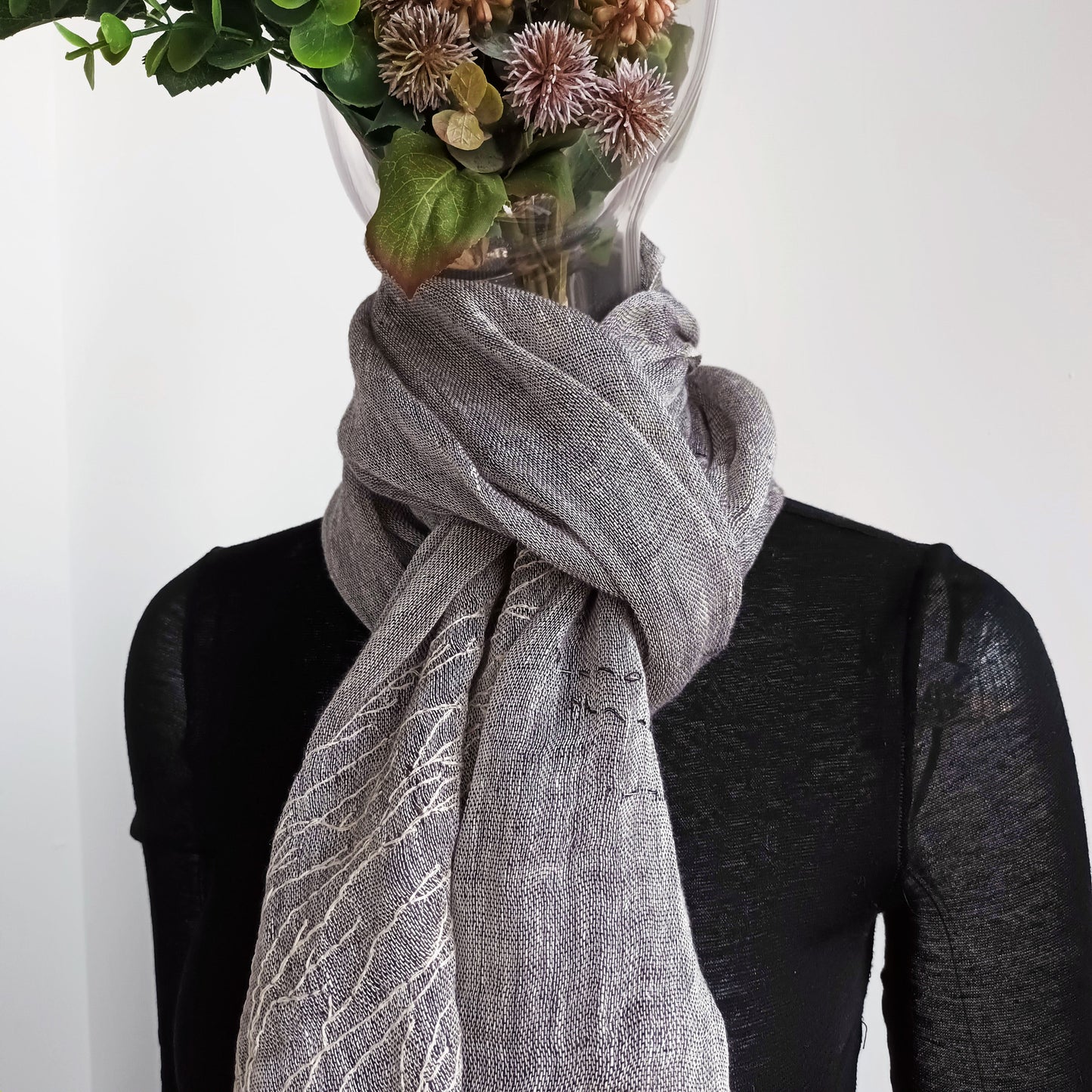 All seasons wearable art hand embroidery pure linen scarf - tree in wind