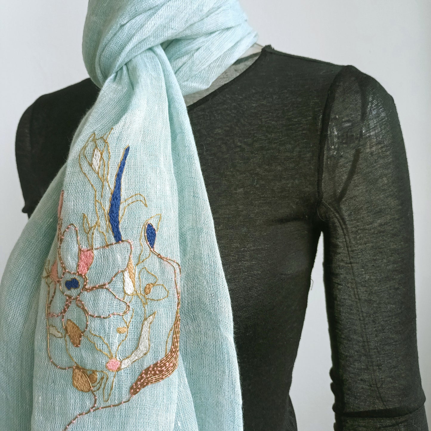 All seasons artistic hand embroidery pure linen scarf-  Lady in flowers