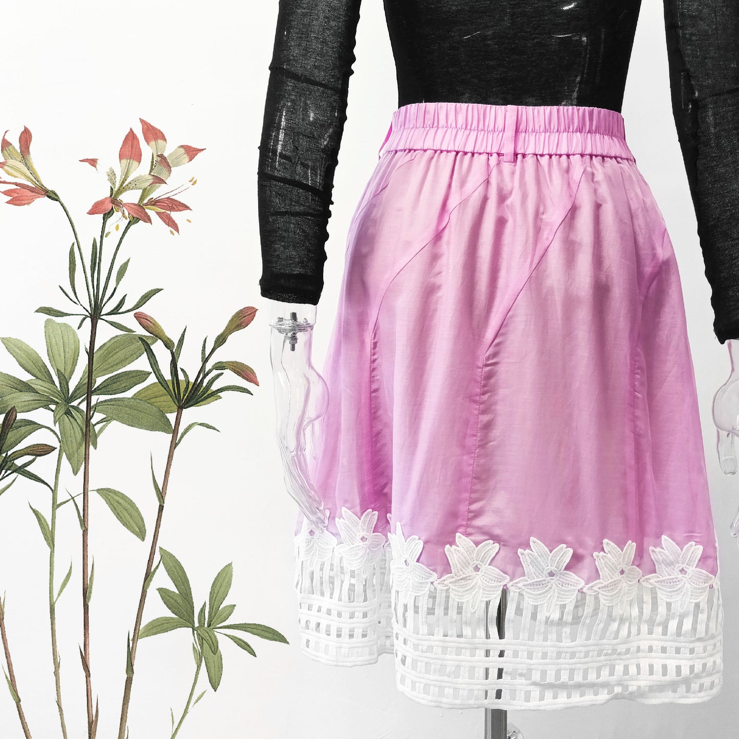 Candy color silk elastic waist lined skirt in bold white lace hem