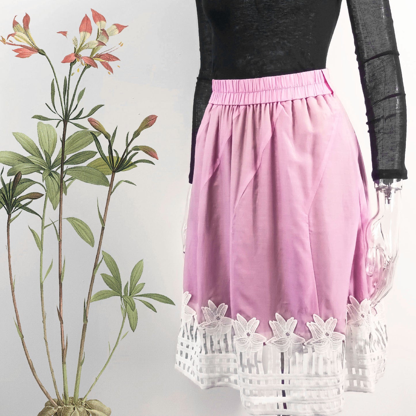Candy color silk elastic waist lined skirt in bold white lace hem