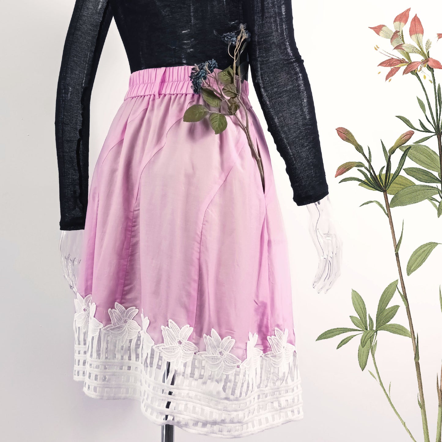 Candy color silk elastic waist lined skirt in bold white lace hem