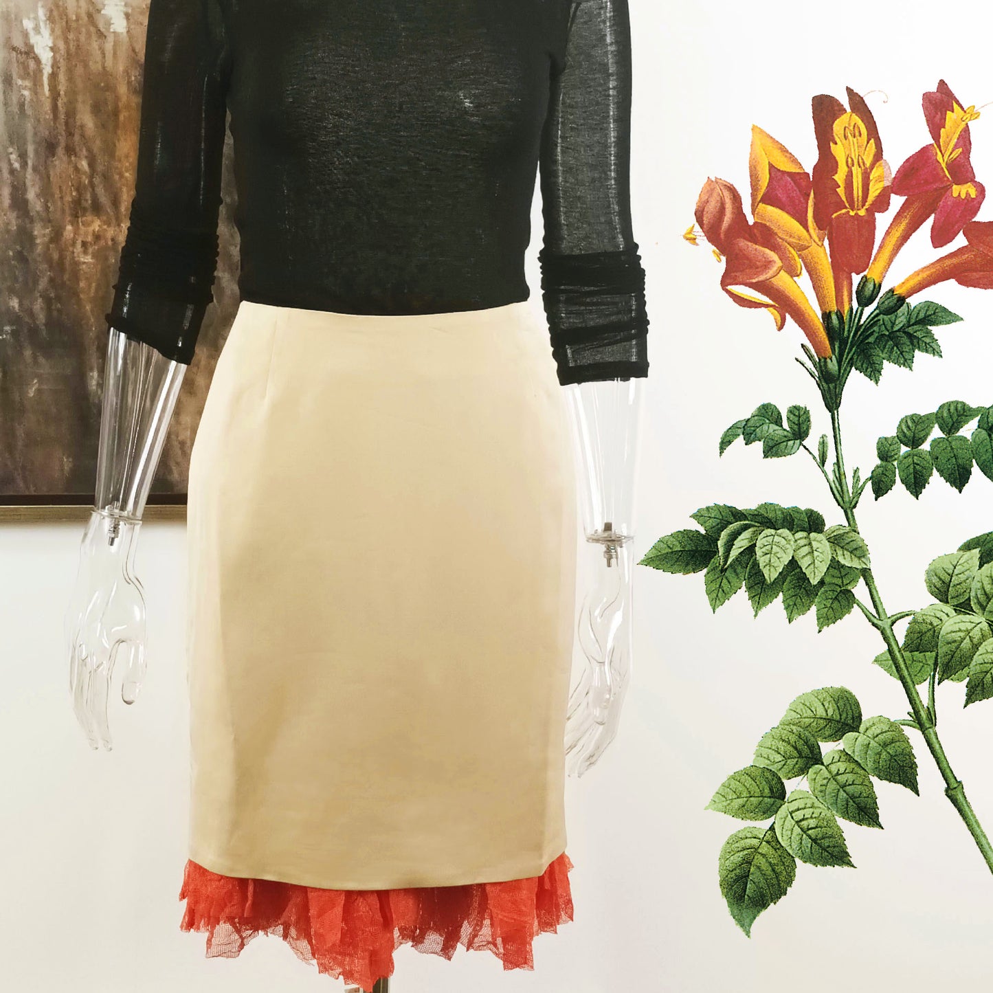 Ruffle hem full lined pencil skirt in Japan wool mix spandex