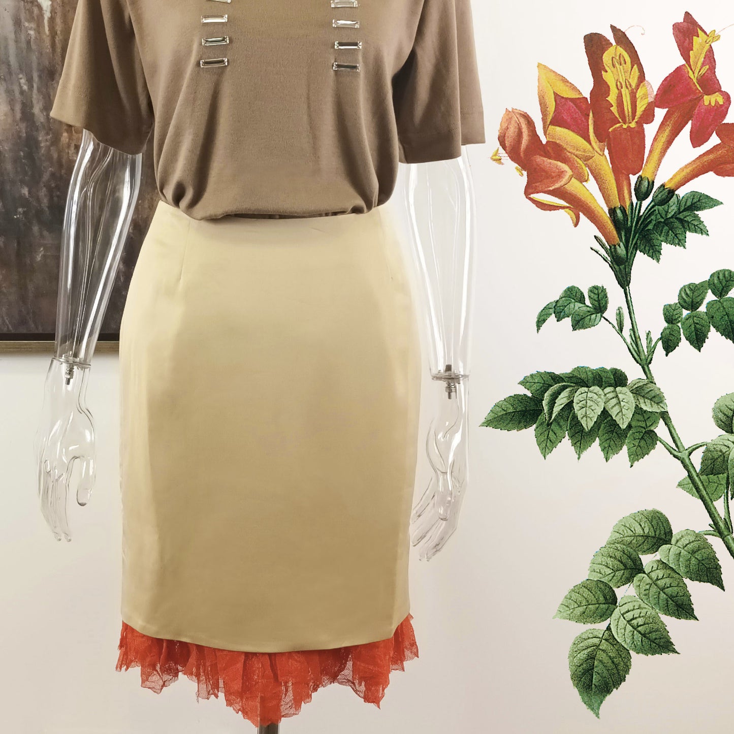 Ruffle hem full lined pencil skirt in Japan wool mix spandex