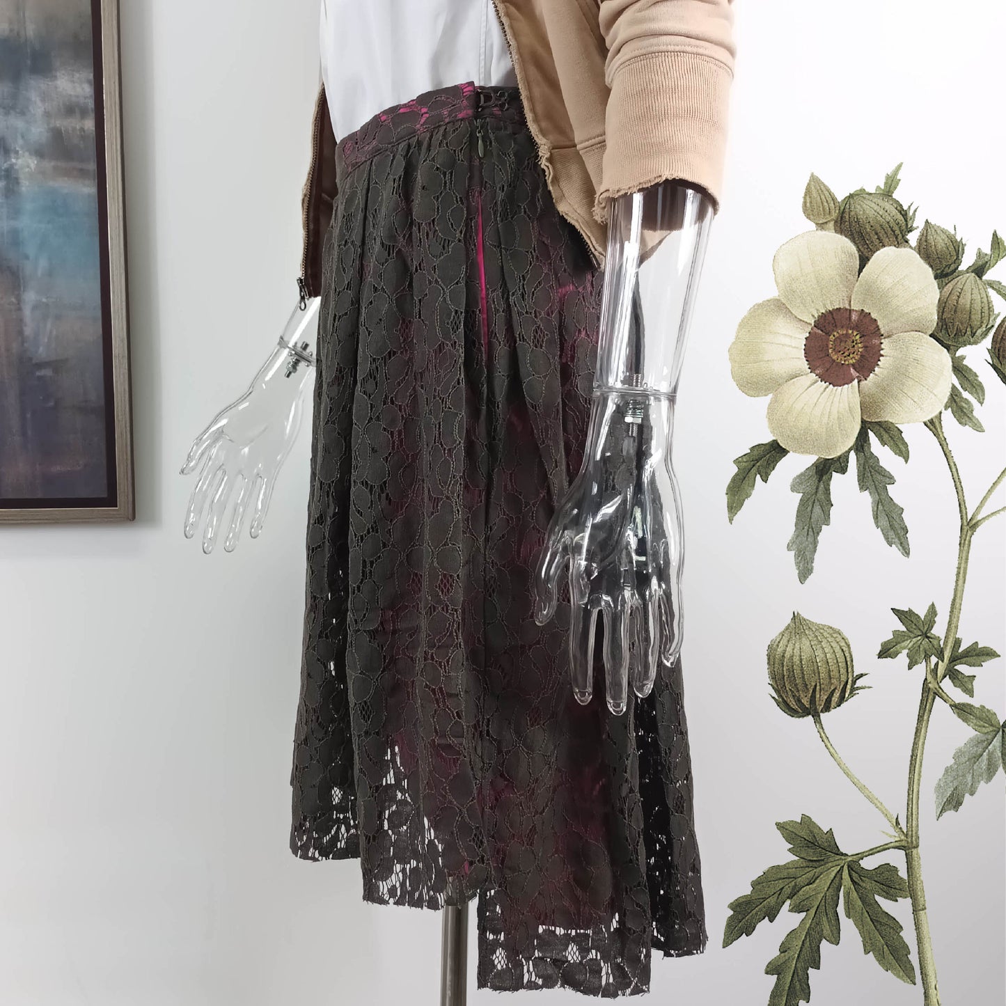 Dark forest green full lined step hem flare lace skirt