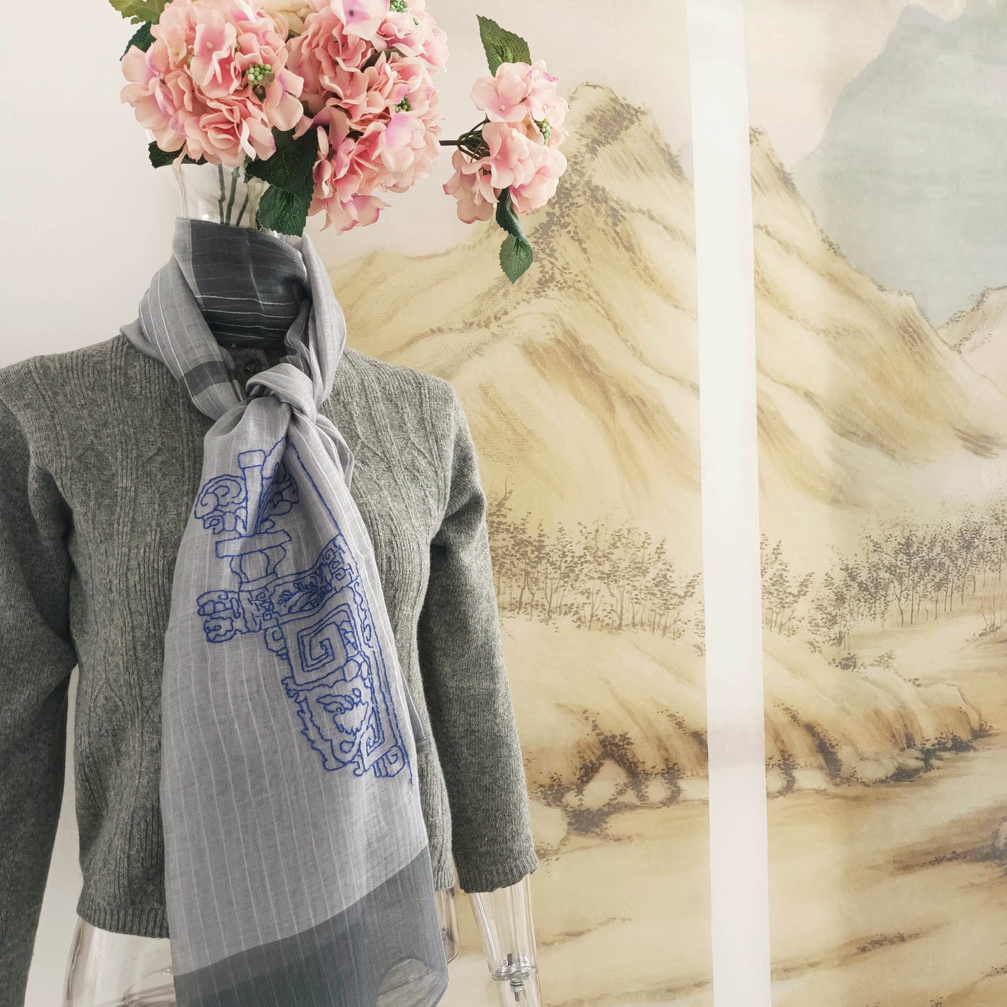 All seasons silk wool hand embroidery sheer scarf - Bucket arch