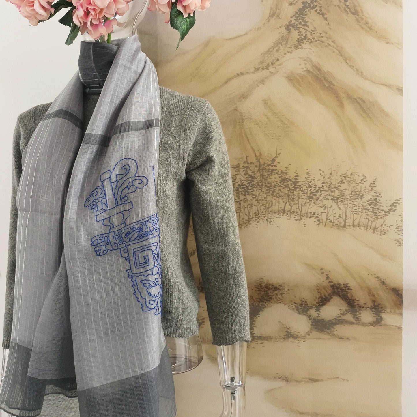 All seasons silk wool hand embroidery sheer scarf - Bucket arch