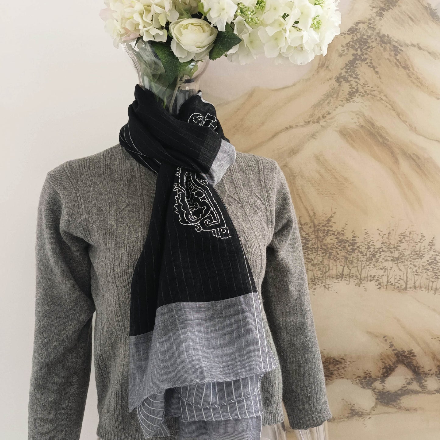 All seasons silk wool hand embroidery sheer scarf - Bucket arch