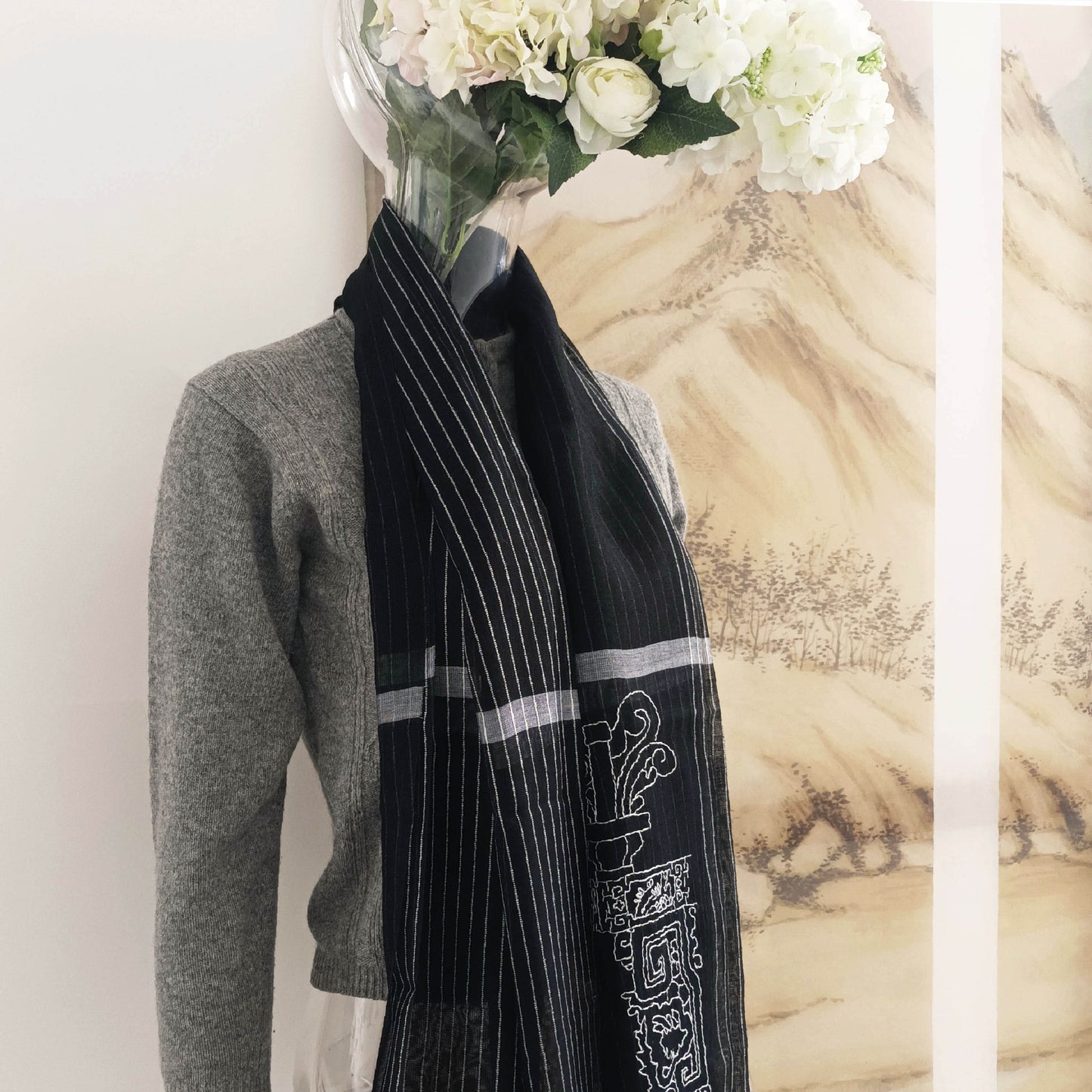 All seasons silk wool hand embroidery sheer scarf - Bucket arch