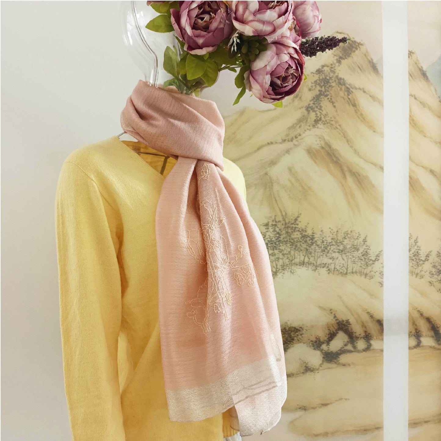 All seasons silk wool hand embroidery Magnolia flowe sheer scarf