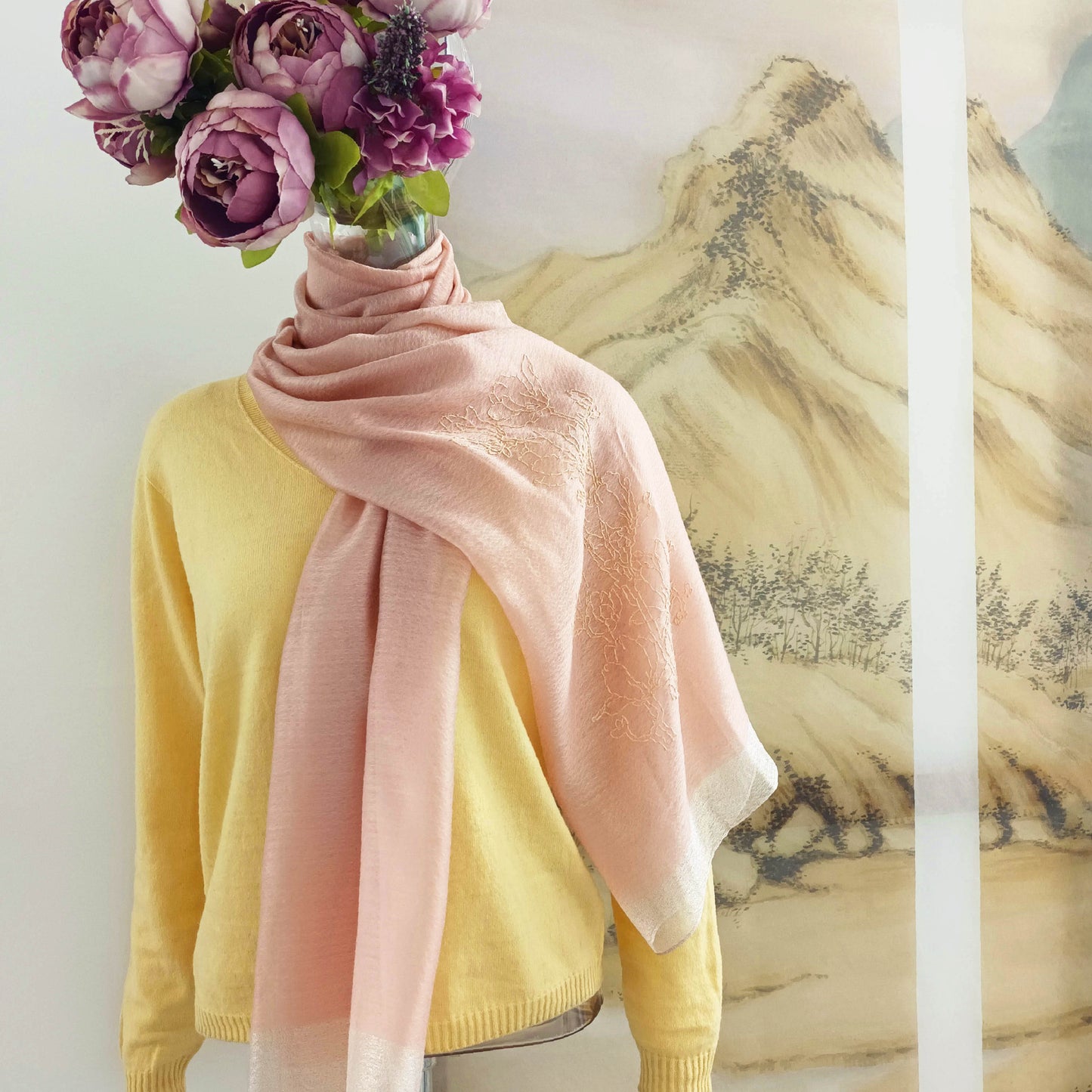 All seasons silk wool hand embroidery Magnolia flowe sheer scarf