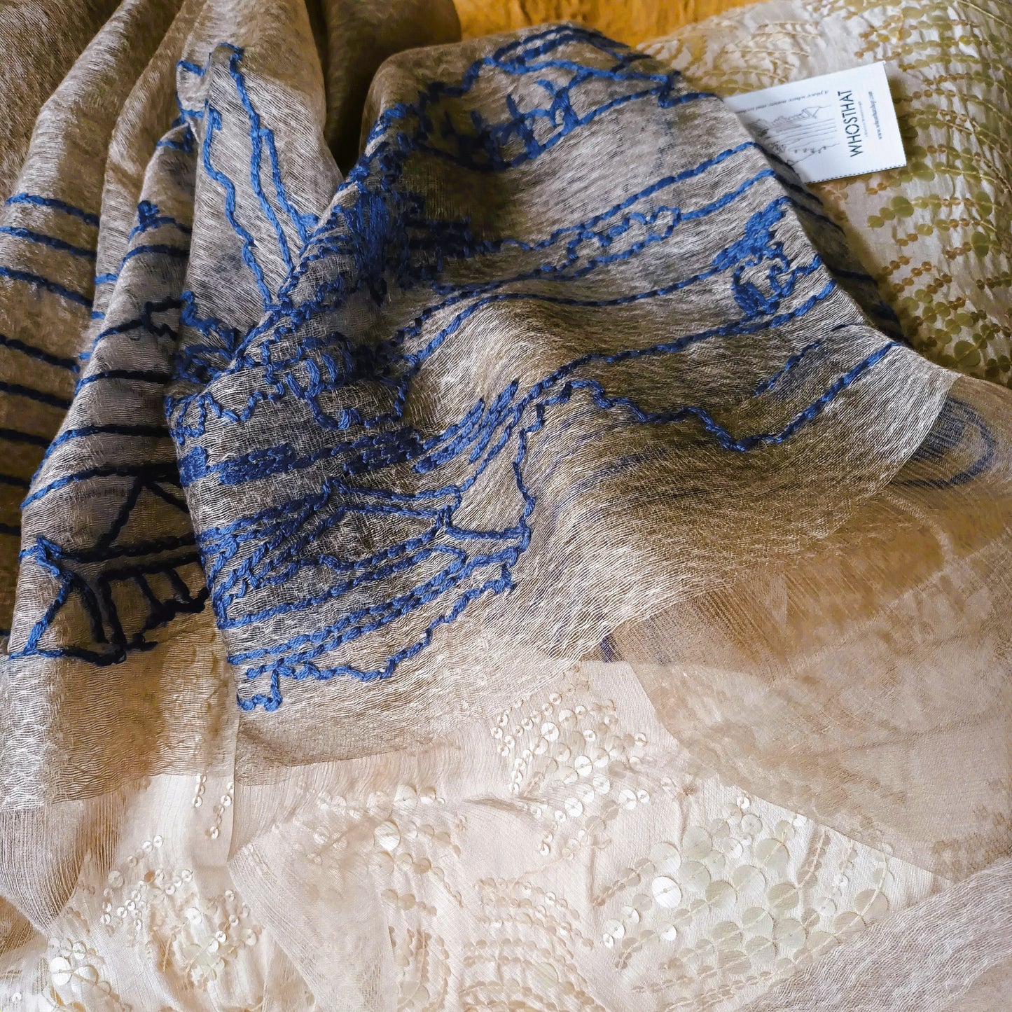 四季適用月球村線條畫刺繡真絲羊毛薄紗圍巾