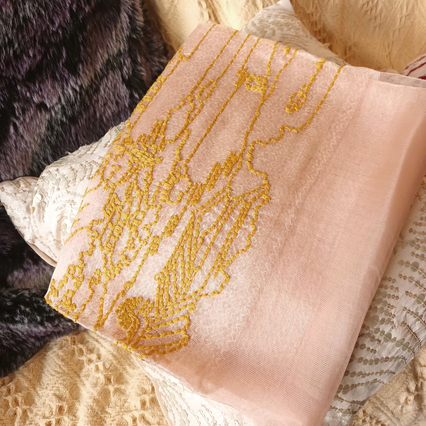 四季適用月球村線條畫刺繡真絲羊毛薄紗圍巾