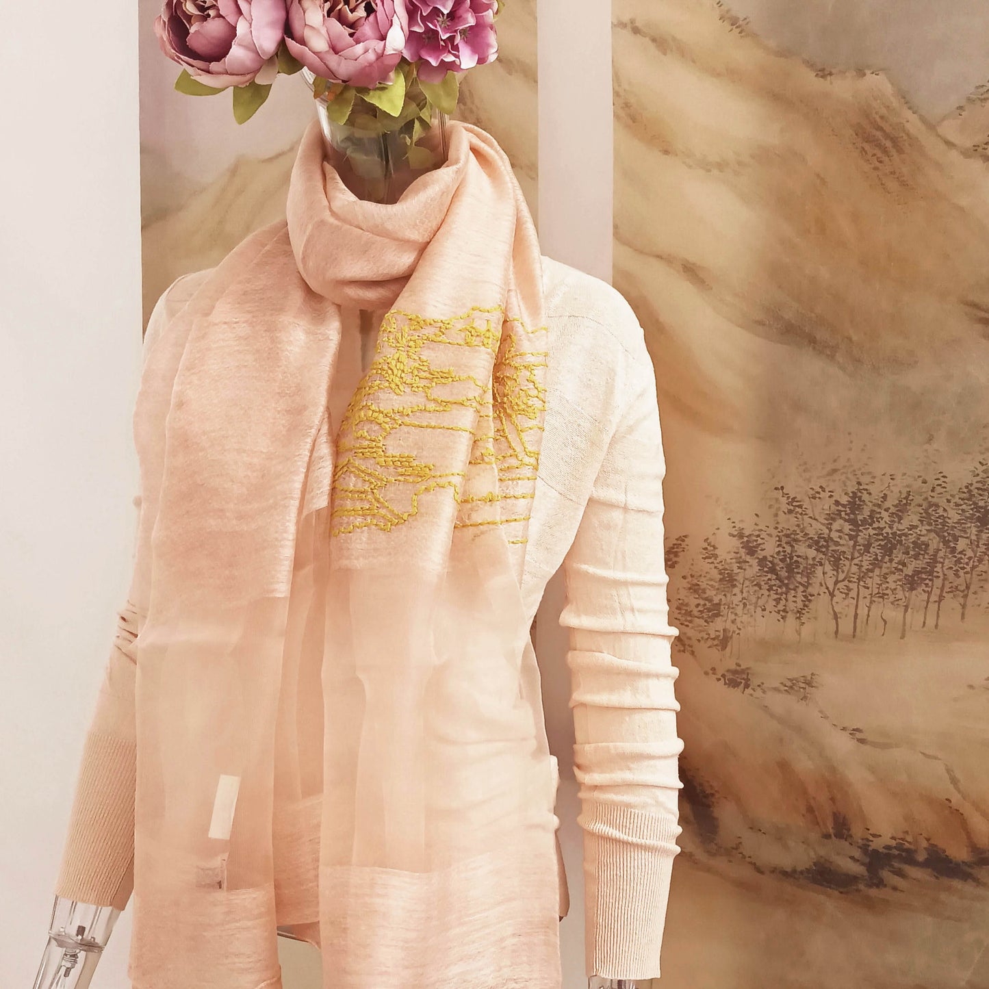 All seasons silk wool embroidery sheer scarf in moon village line art