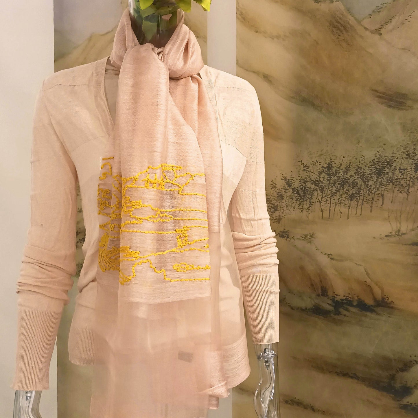 All seasons silk wool embroidery sheer scarf in moon village line art