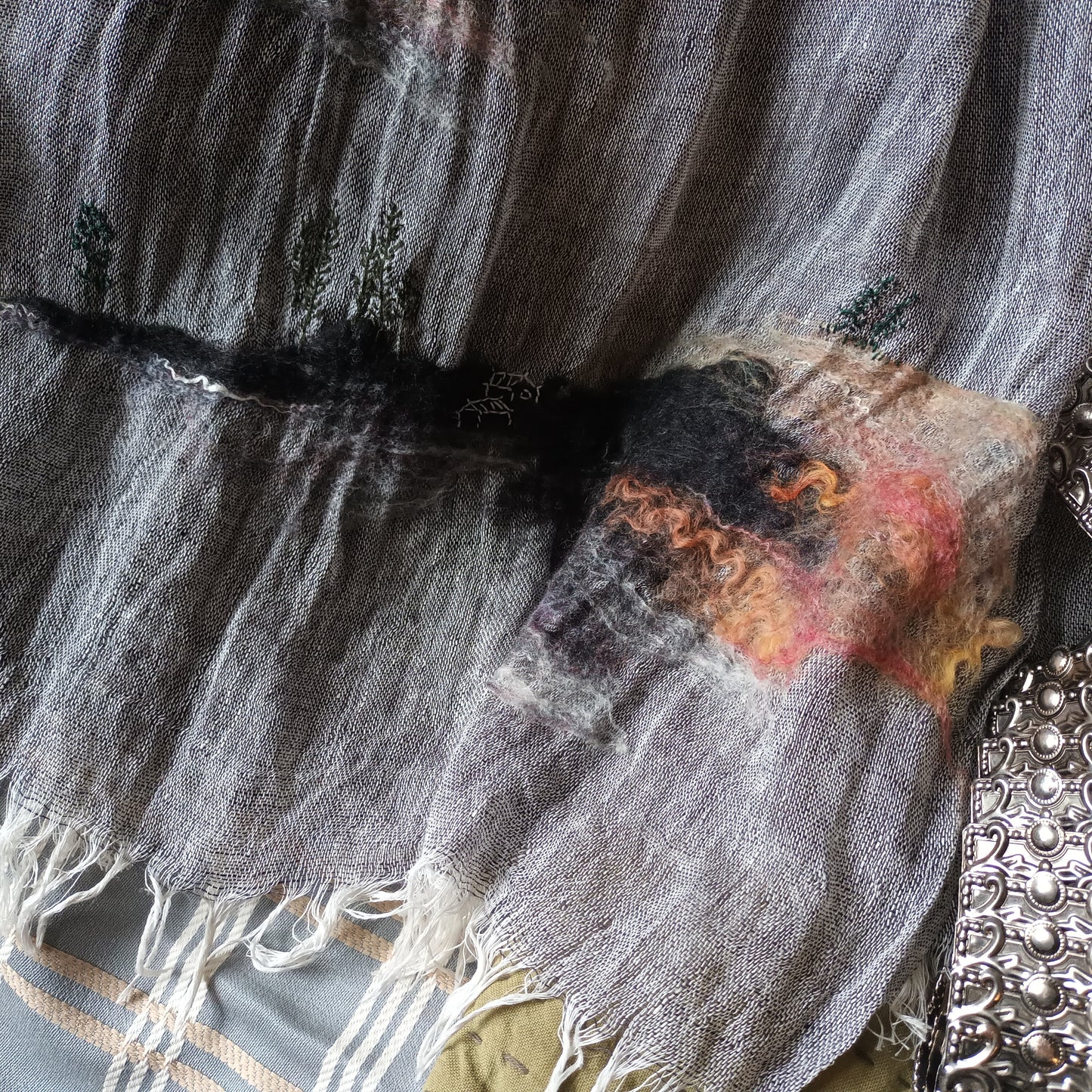 All seasons hand felting & hand embroidery pure linen 2 tone scarf - surreal landscape