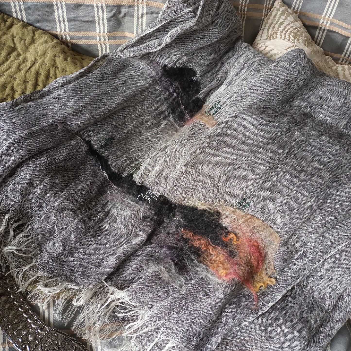 All seasons hand felting & hand embroidery pure linen 2 tone scarf - surreal landscape