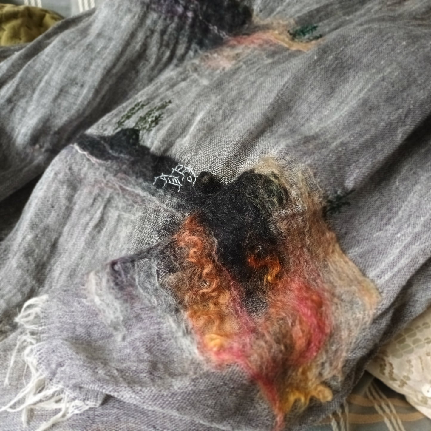 All seasons hand felting & hand embroidery pure linen 2 tone scarf - surreal landscape