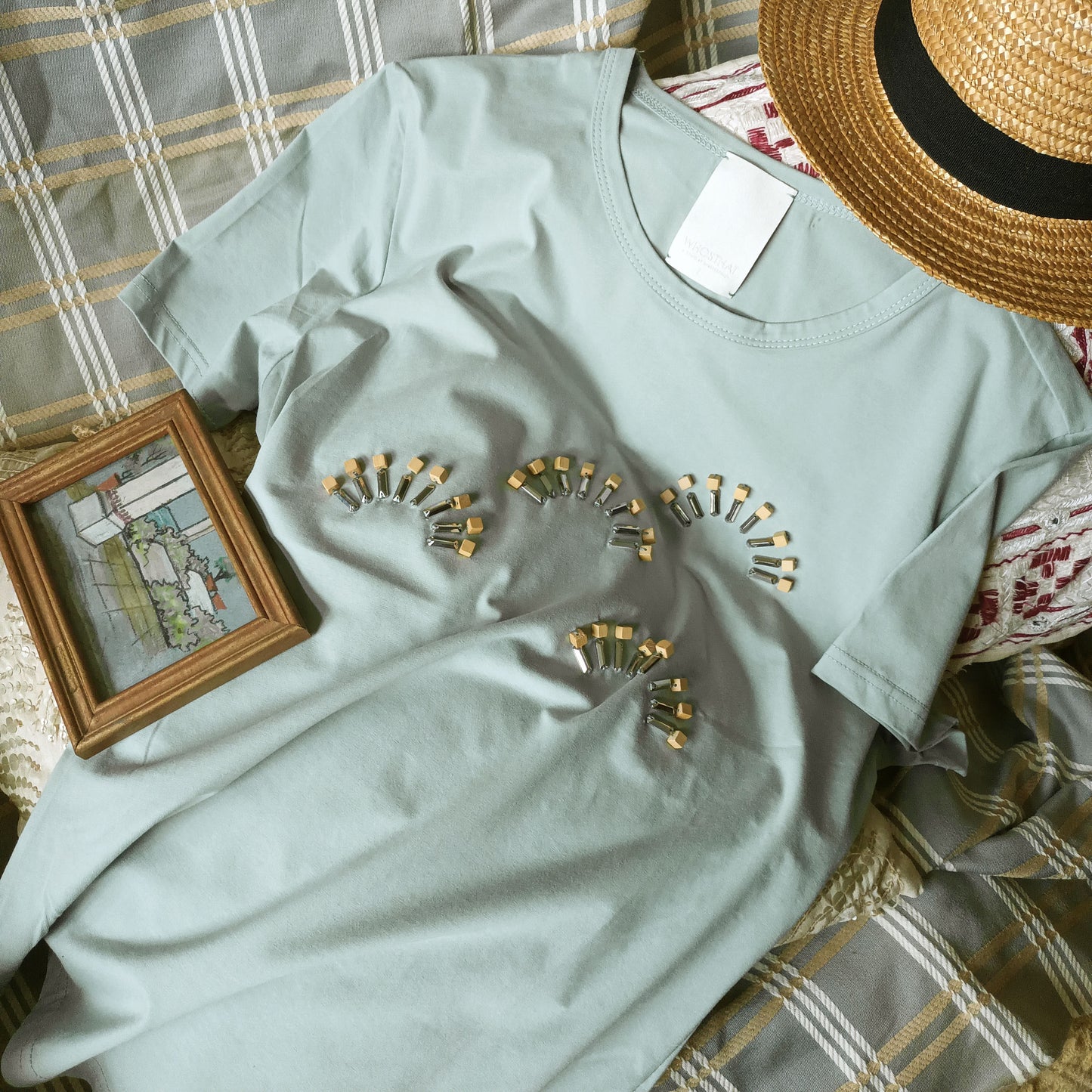 Creative hand stitch wood beads basic straight cut high-end smart casual cotton tee