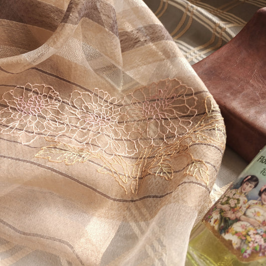 All seasons silk wool hand embroidery sheer scarf - chrysanthemum
