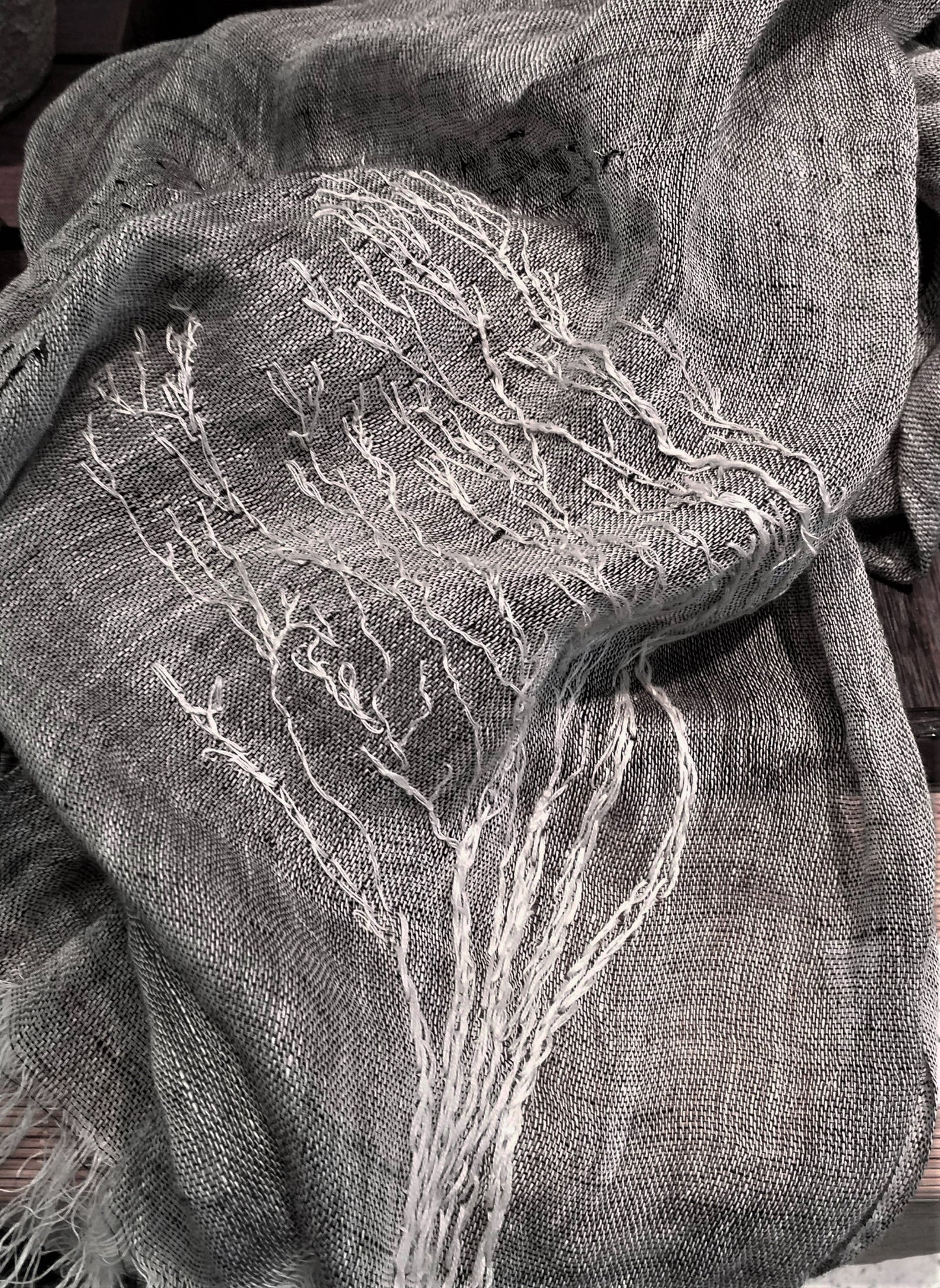 All seasons wearable art hand embroidery pure linen scarf - tree in wind