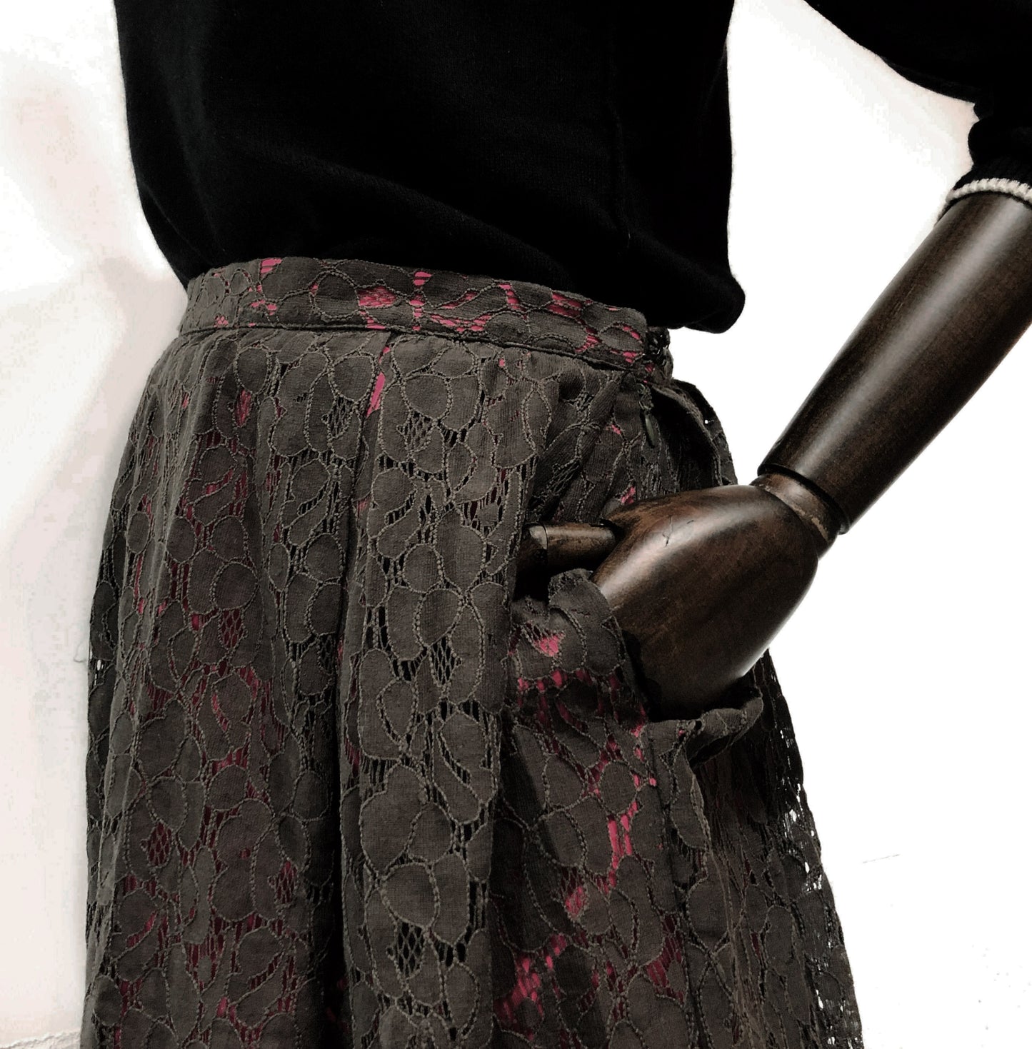 Dark forest green full lined step hem flare lace skirt