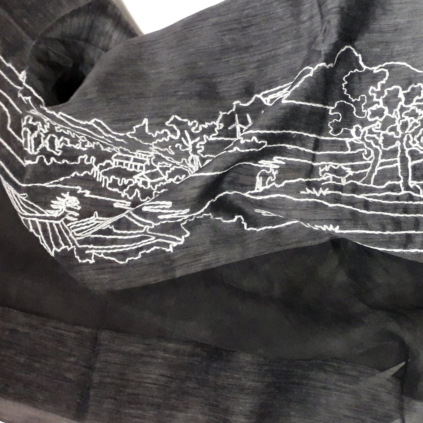 All seasons silk wool embroidery sheer scarf in moon village line art