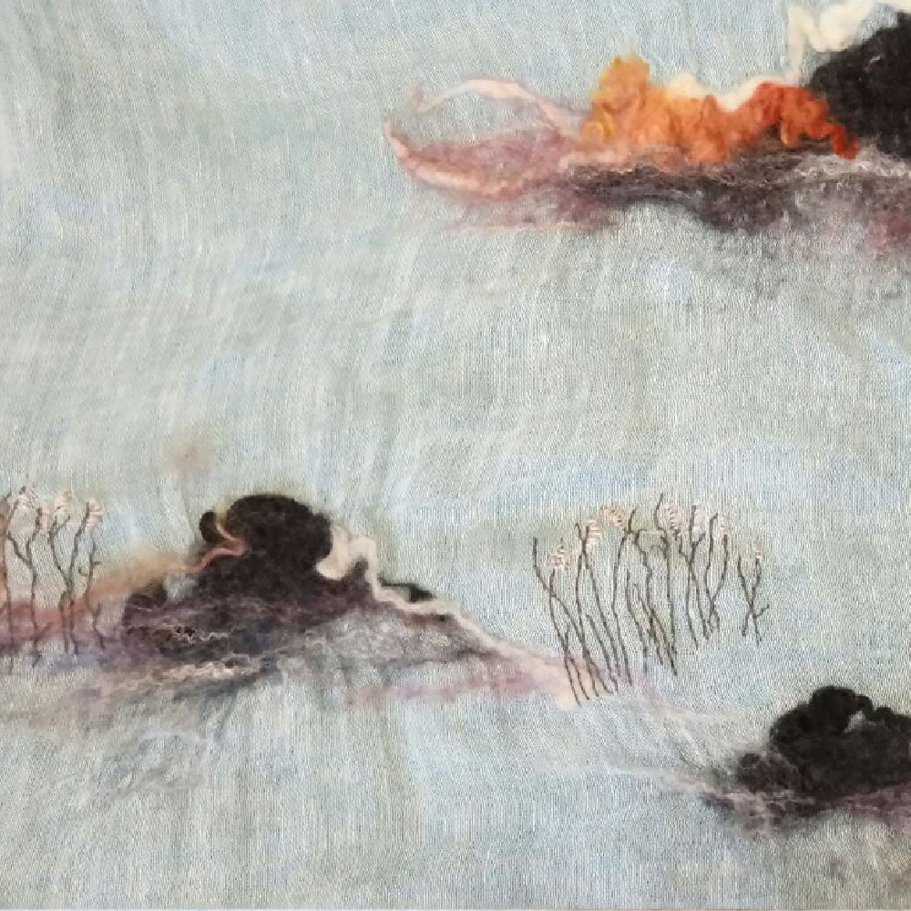 All seasons hand felting hand embroidery artistic pure linen 2 tone scarf