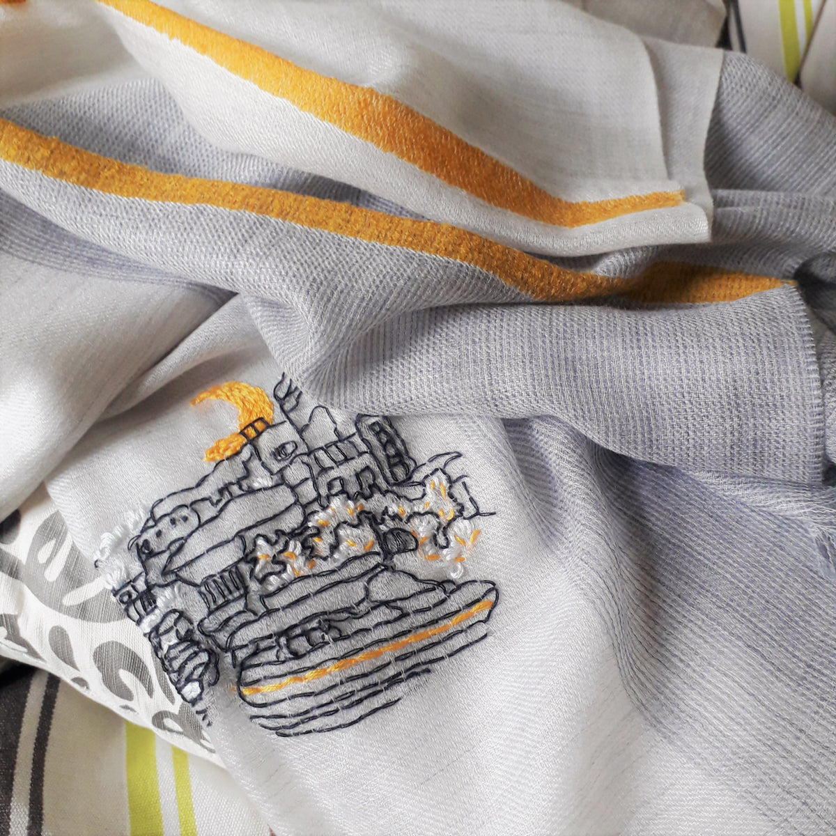 Pure Cashmere Scarf - Yellow Grey Embroidery – Luxire Custom Clothing