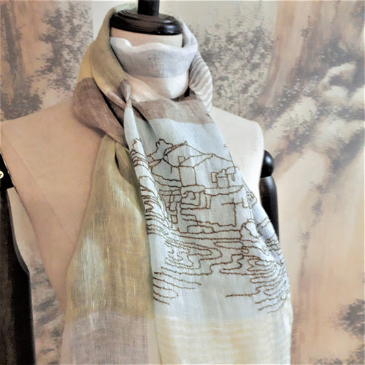 All seasons space observation line art embroidery pure linen scarf