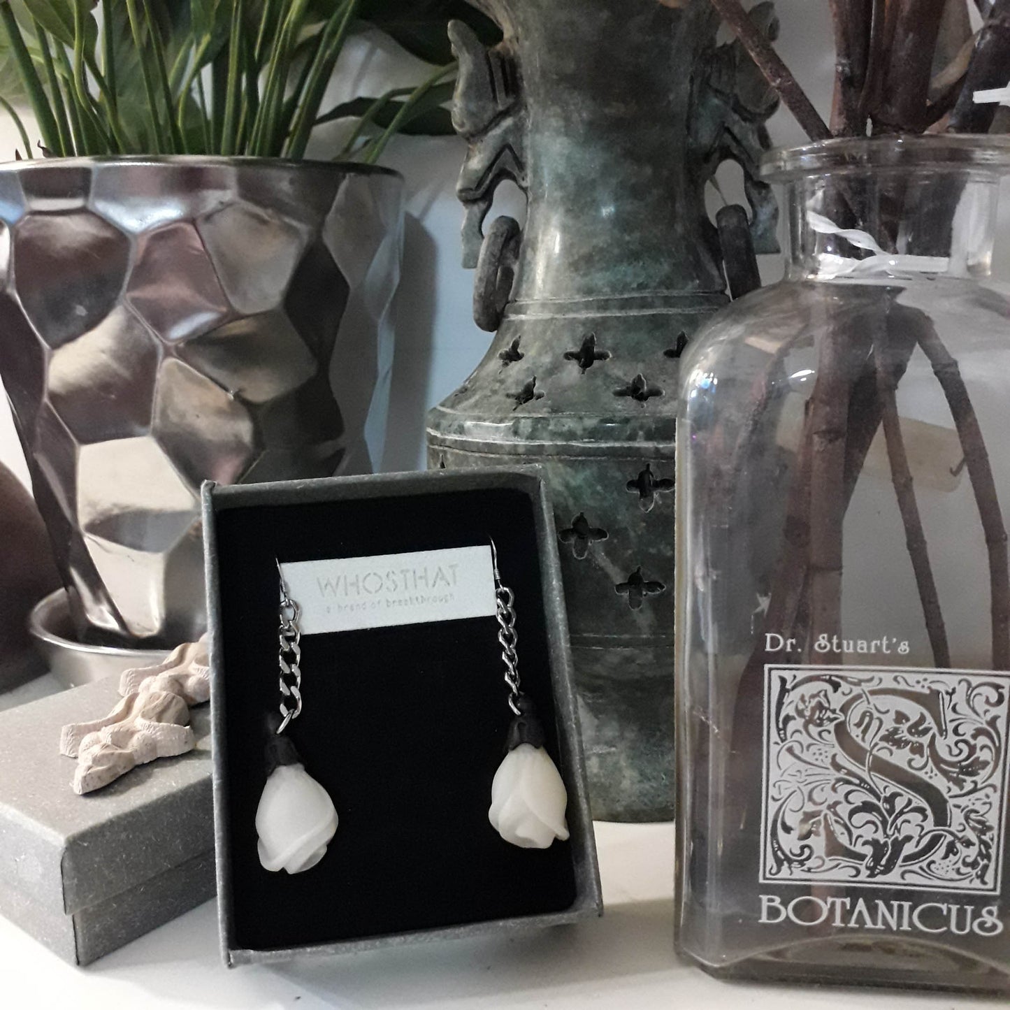 Bodhi root rose bud 925 silver platinum plated earrings