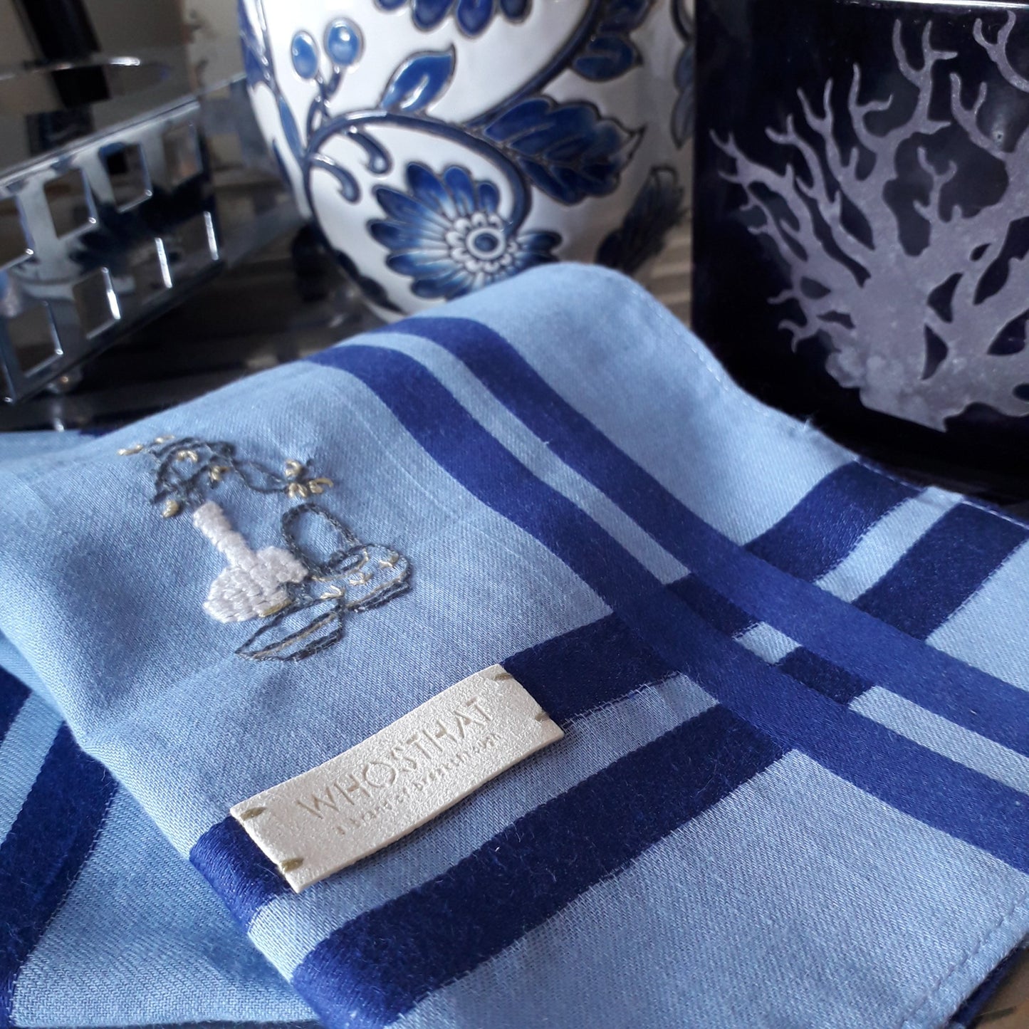 Hand embroidery pure cotton handkerchief pocket square TEA BREAK / NITE SUPPER