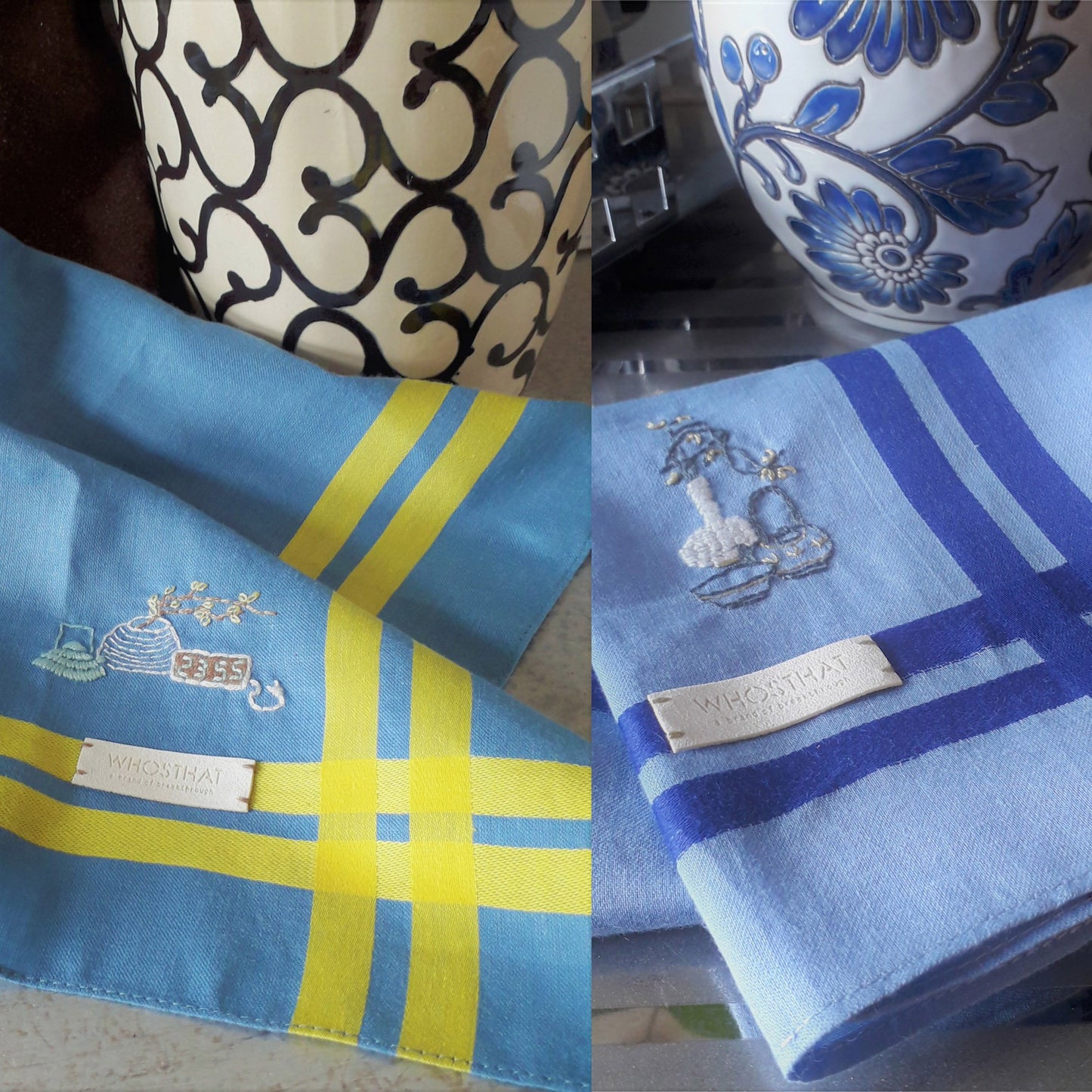 Hand embroidery pure cotton handkerchief pocket square TEA BREAK / NITE SUPPER