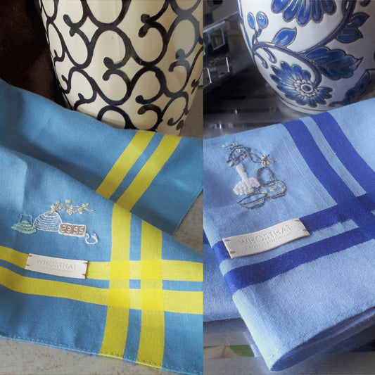 Hand embroidery pure cotton handkerchief pocket square TEA BREAK / NITE SUPPER