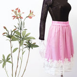 Candy color silk elastic waist lined skirt in bold white lace hem