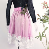 Candy color silk elastic waist lined skirt in bold white lace hem