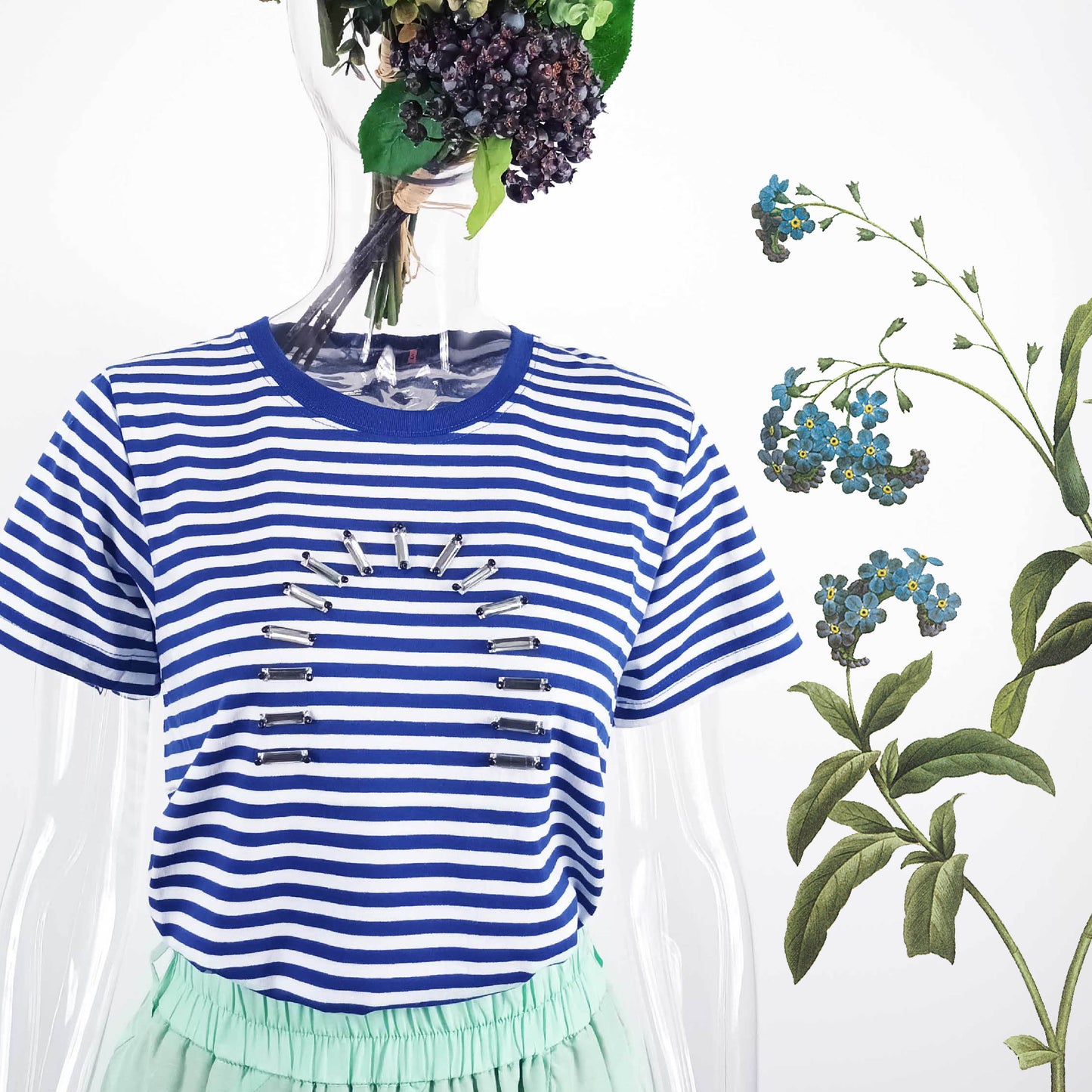 Hand stitch glass bead / black bead fine stripe side-seamless smart casual TEE