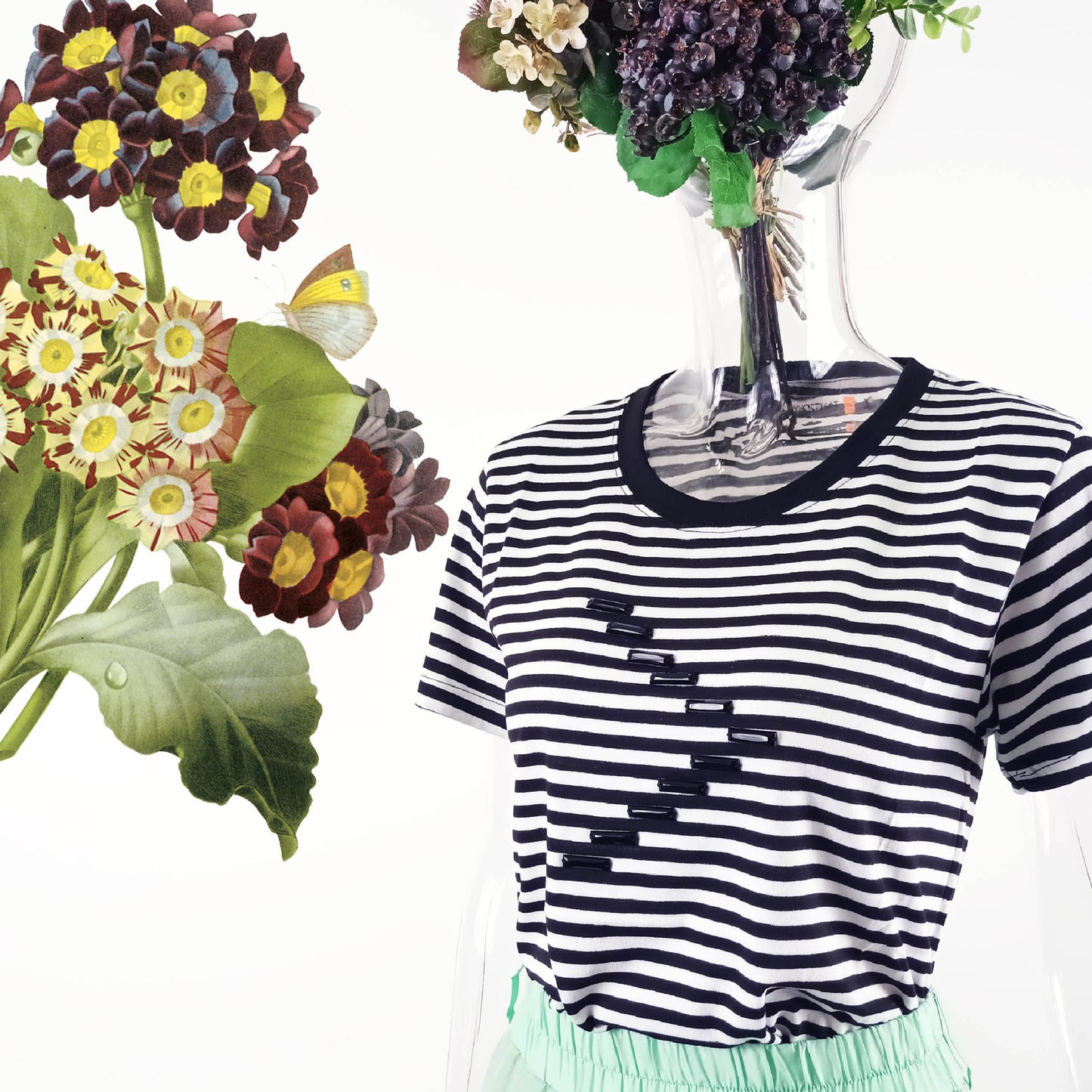 Hand stitch glass bead / black bead fine stripe side-seamless smart casual TEE