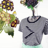 百搭簡约手縫玻璃珠/黑珠圖案條子無側縫T恤