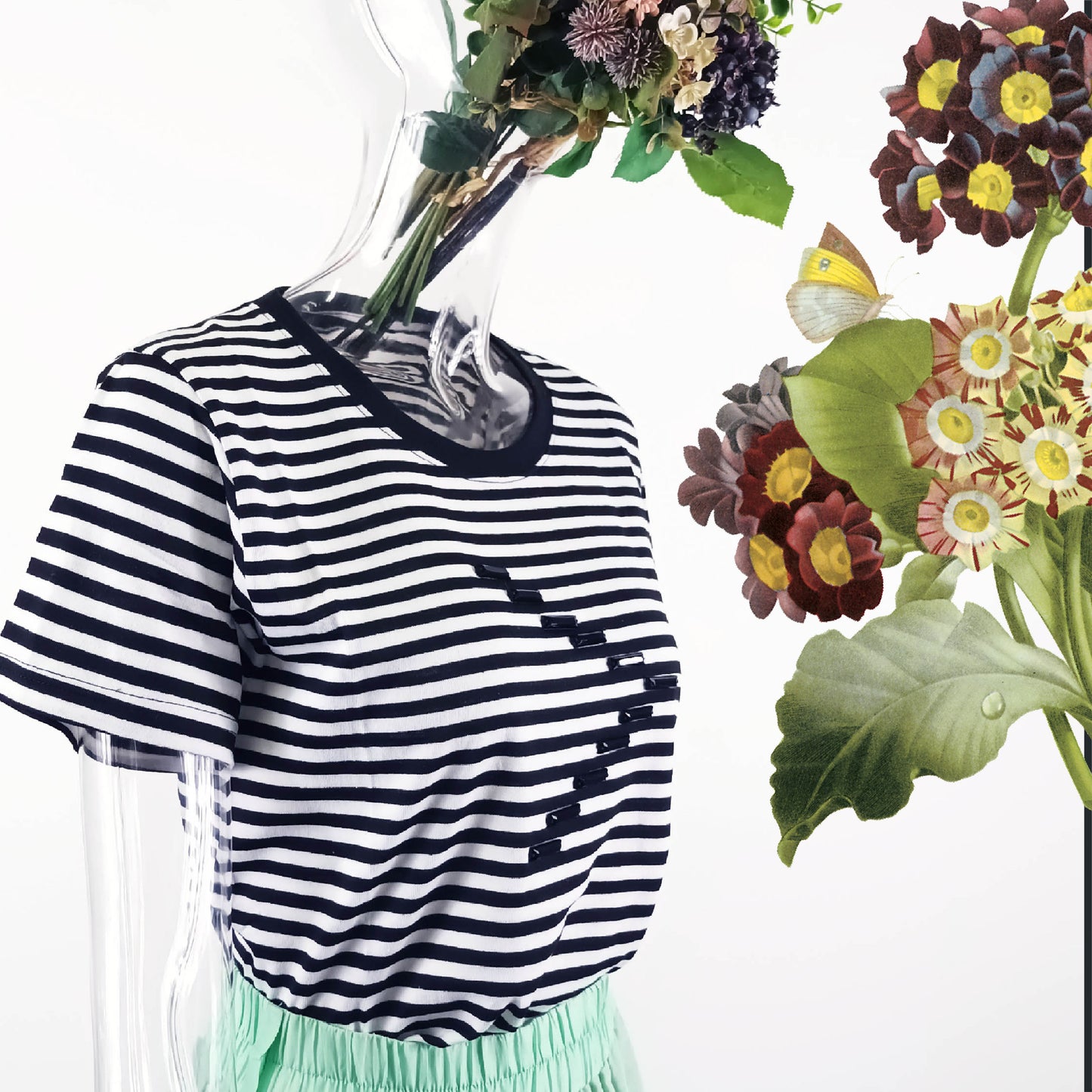 Hand stitch glass bead / black bead fine stripe side-seamless smart casual TEE