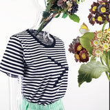 百搭簡约手縫玻璃珠/黑珠圖案條子無側縫T恤