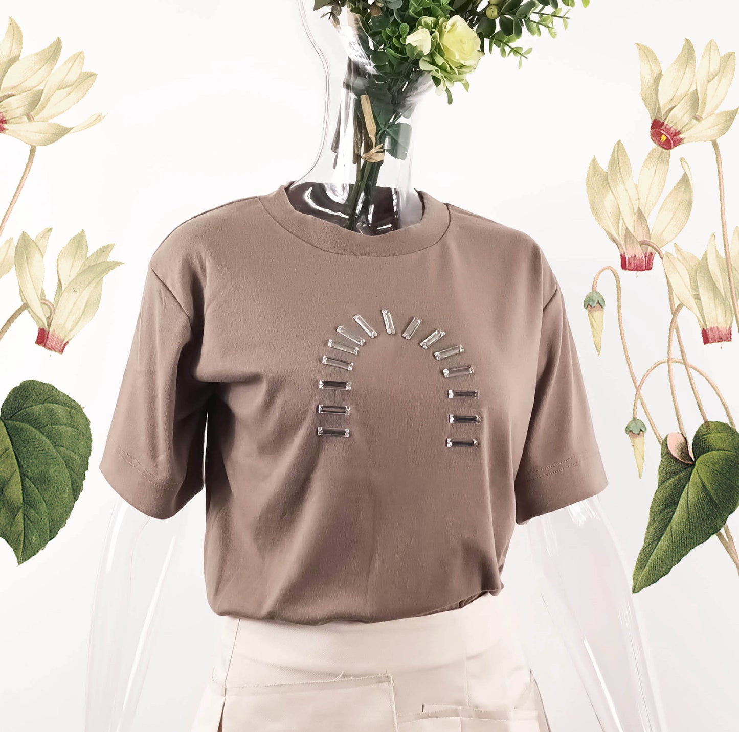 Hand stitch glass bead brushed cotton loose fit Tee