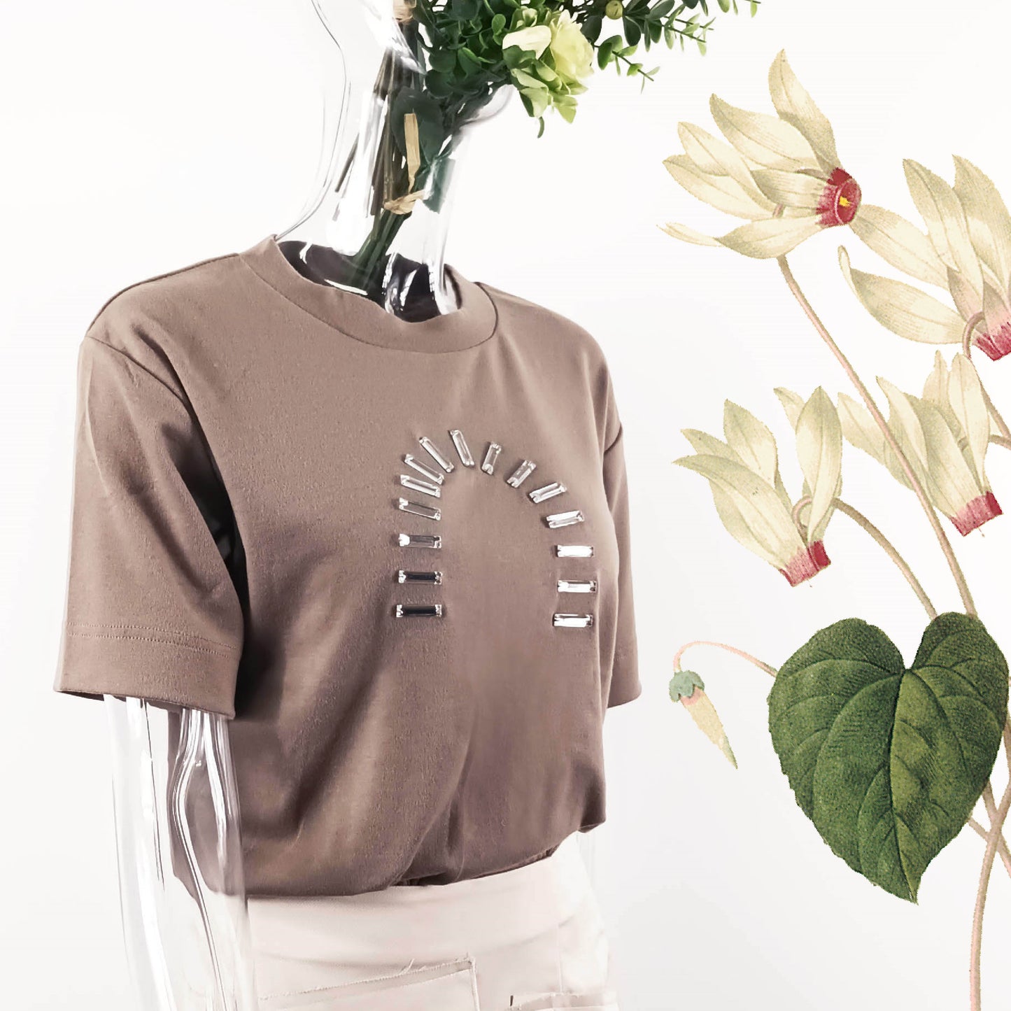 Hand stitch glass bead brushed cotton loose fit Tee
