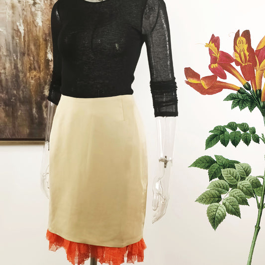 Ruffle hem full lined pencil skirt in Japan wool mix spandex