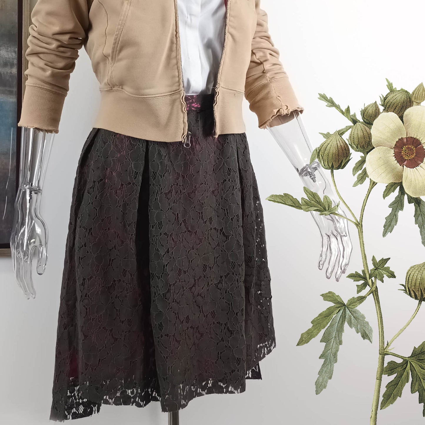 Dark forest green full lined step hem flare lace skirt