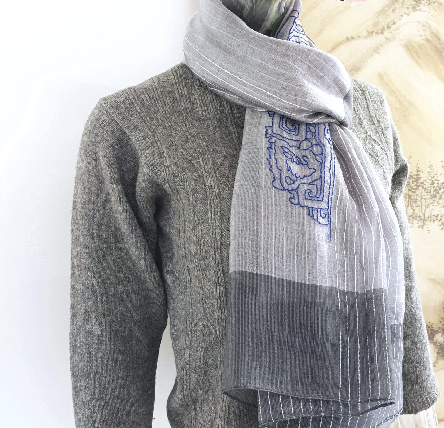 All seasons silk wool hand embroidery sheer scarf - Chinese Bucket arch